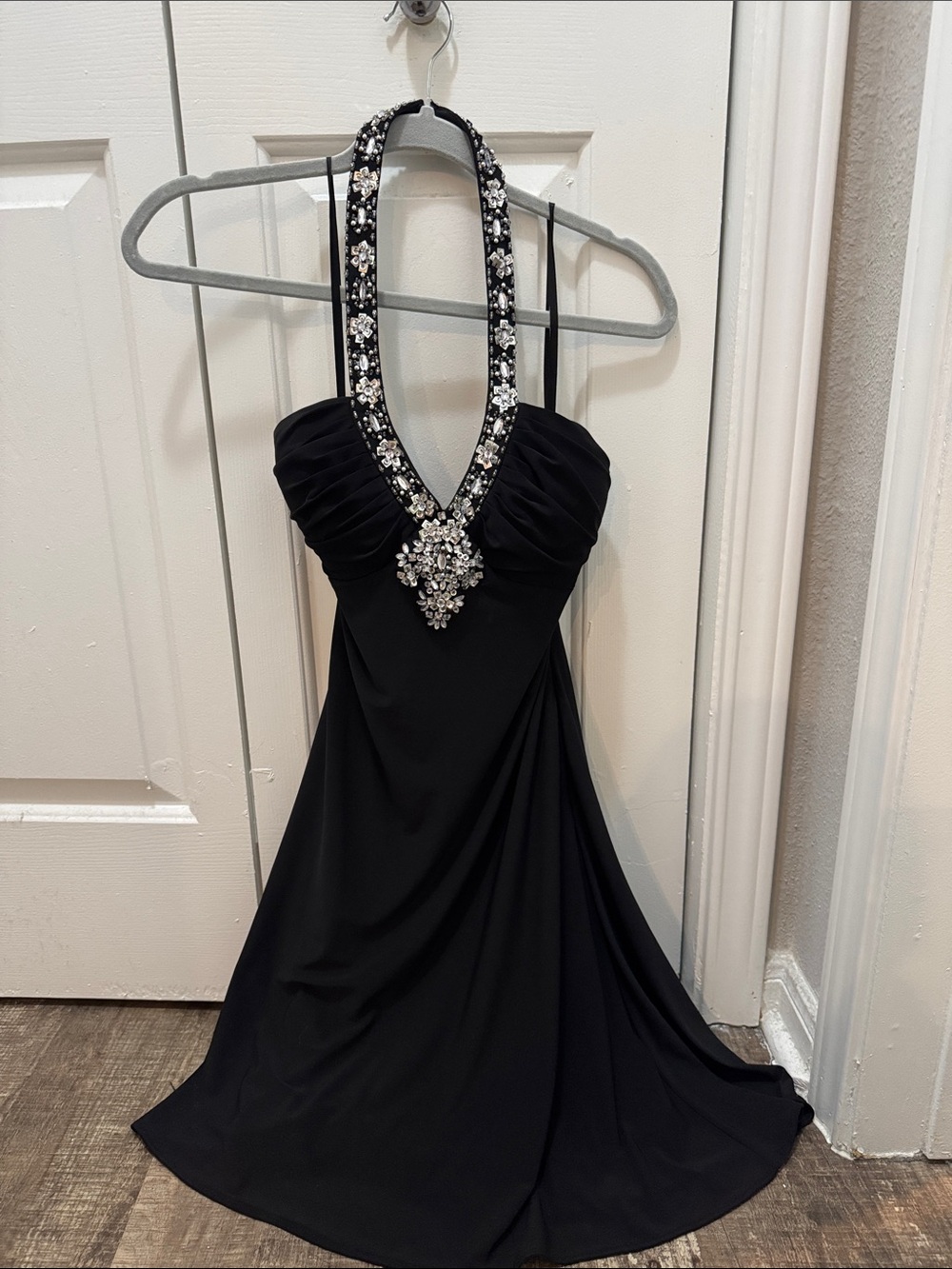Betsy & Adam Black Halter Prom Dress with Crystal Embellishment- Size 4